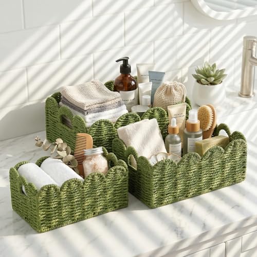 Scalloped Wicker Basket Set of 3, Hand-Woven Storage with Handles - color: Greem