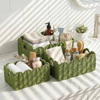 Scalloped Wicker Basket Set of 3, Hand-Woven Storage with Handles - color: Greem