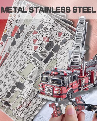 Piececool 3D Metal Puzzles for Adults, Ladder Truck Fire Engine Model Kits Building, Challenge to Assemble DIY Craft Kits, Best Birthday 354 Pcs - style: Ladder Truck