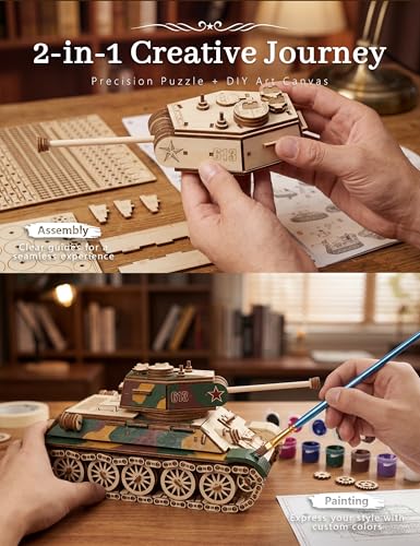 BOOZUU 3D Wooden Tank Puzzle with Rotating Turret for Adults