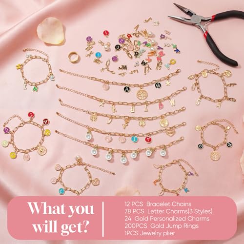 WDXIUE Friendship Bracelet Making Kit, DIY Jewelry Making Kit for Craft Night Beginners, Personalized Charms Birthday Gift with 12 Set Anti-Tarnish Chains & 78 Pcs Letters Charms