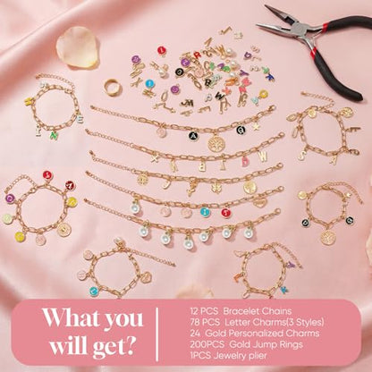 WDXIUE Friendship Bracelet Making Kit, DIY Jewelry Making Kit for Craft Night Beginners, Personalized Charms Birthday Gift with 12 Set Anti-Tarnish Chains & 78 Pcs Letters Charms