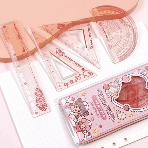 4 Pieces Flexible Ruler Set 15cm/6inch Straight Ruler Triangle Rulers Shatterproof Ruler Straight Edge Soft Bendable Rulers Protractor Math Geometry Tool School Office Supplies (Pink)