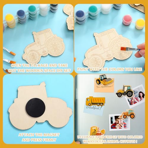 JellyArch 24 Pcs Construction Painting Kits Unfinished Wood Construction Trucks Cutouts DIY Wooden Painting Bulk Crafts Cutouts Refrigerator Magnets for Home Decor Gift - style: Construction Vehicles