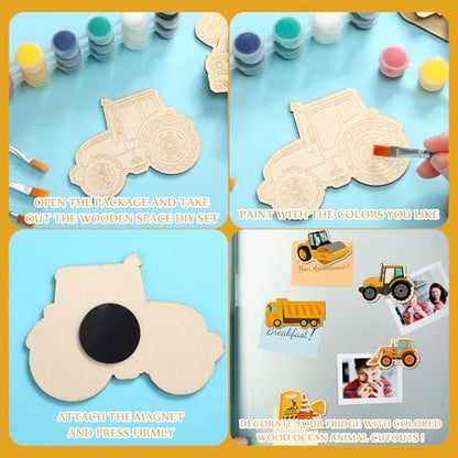 JellyArch 24 Pcs Construction Painting Kits Unfinished Wood Construction Trucks Cutouts DIY Wooden Painting Bulk Crafts Cutouts Refrigerator Magnets for Home Decor Gift - style: Construction Vehicles