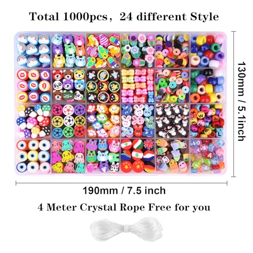 1000PCS Polymer Clay Beads Bracelet Making kit, 24 Style Cute Fun Beads Flower Animal Rainbow Eye Charms for Jewelry Necklace Earring Making DIY Accessories for Women Girls - color: B1#Style 2