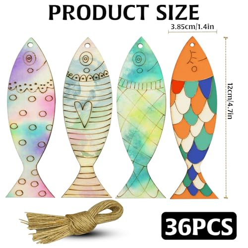 36Pcs Wooden Fish Decor Cutouts - 4 Styles DIY Crafts to Paint Shapes for Animal Decorations, Ornaments With Hemp Rope for Personalization