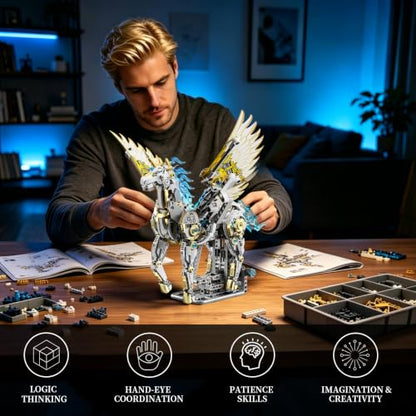 Mechanical Unicorn Building Set, 1499 PCS Building Blocks Set with Hand Crank, LED Lights & Poseable Wings, Christmas Birthday Gift Toy for Boys Teens Adults Aged 8-12+, Home Decor Display - size: UNICORN