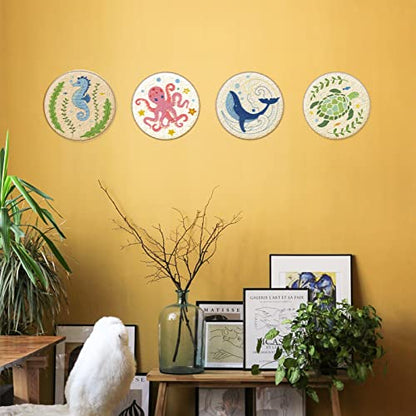 INFUNLY 4 Sets Embroidery Kit for Beginners with Sea Animals Pattern DIY Embroidery Kit for Adults Ocean Embroidery Art Kit Turtles/Seahorses/Octopuses/Whales Cross Stitch Kit with Embroidery Hoops - color: Sea Animal Kits