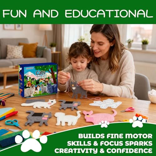GOASION Sewing Kit for Kids, 12 Pcs Cat Crafts Sewing Kit, Ages 5-8-12 - color: Cat Sewing Set - 12 Pack
