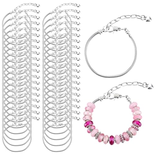 40pcs Snake Chain Charm Bracelet Chains Kit 2.6mm Adjustable Snake Charm Bracelet with Heart Lobster Clasp Extender Chain DIY Bracelets Chains for Christmas Women Gifts DIY Jewelry Making Supplies