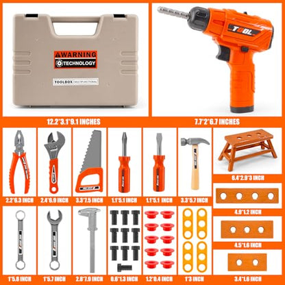 45Pcs Kids Tool Set with Electric Drill Toy and Portable Toddler Toolbox, Tool Box for Kids Age 3-5,Montessori Play Toolbox, STEM Educational Tool Toys Birthday Gift At Ages 3–6 for Pretend Play Sets