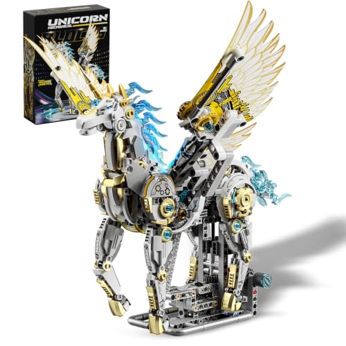 Mechanical Unicorn Building Set, 1499 PCS Building Blocks Set with Hand Crank, LED Lights & Poseable Wings, Christmas Birthday Gift Toy for Boys Teens Adults Aged 8-12+, Home Decor Display - size: UNICORN