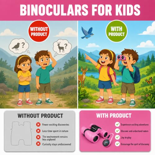 Binoculars for Kids – Perfect Toy for Little Boys and Girls – Extensive Set Incl. Magnifying Glass & Compass – Powerful Magnification 8X21 – 3 to 12 Year Old Kids for Toddler - color: Pink