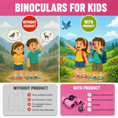 Binoculars for Kids – Perfect Toy for Little Boys and Girls – Extensive Set Incl. Magnifying Glass & Compass – Powerful Magnification 8X21 – 3 to 12 Year Old Kids for Toddler - color: Pink