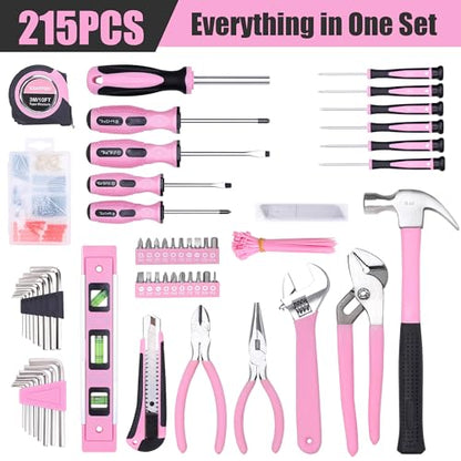 FASTPRO 215-Piece Pink Tool Set, Home Repairing Tool Set with Bag, Pink - color: Pink