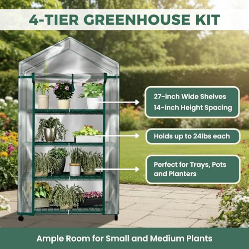 4 Tier Mini Greenhouse - Portable Greenhouse with Locking Wheels and PVC Cover for Indoor or Outdoor Green House by Pure Garden - size: 4 Tier