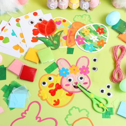 Feifeiya 24 Pack Easter Suncatcher Craft Kit Easter Window Art Kit Bunny Carrot Egg Crafts Window DIY Tissue Paper Suncatcher Decoration Ornament for Classroom Art Party Favor Supplies - style: Easter