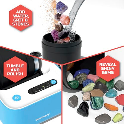 Discovery™ Rock Tumbler Deluxe Set – Stone Polishing Kit with Rocks, 4 Grits, Gem Case| STEM Science Project Kit for Kids & Beginners| Cool Toy for Boys & Girls Ages 8+