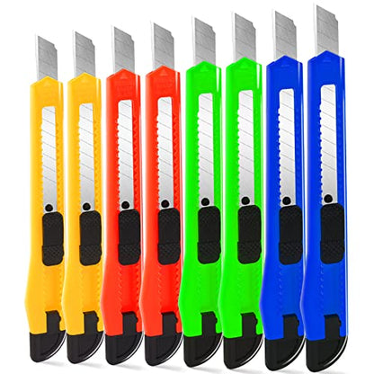 8 Pack Box Cutter Utility Knife, 9mm Snap-off Box Cutter Retractable for Opening Packages Cartons, Boxes, Disposable Box Cutters Exacto Knife Perfect for Office and Home use - color: 8 Pack - Red, Yellow, Blue, Green