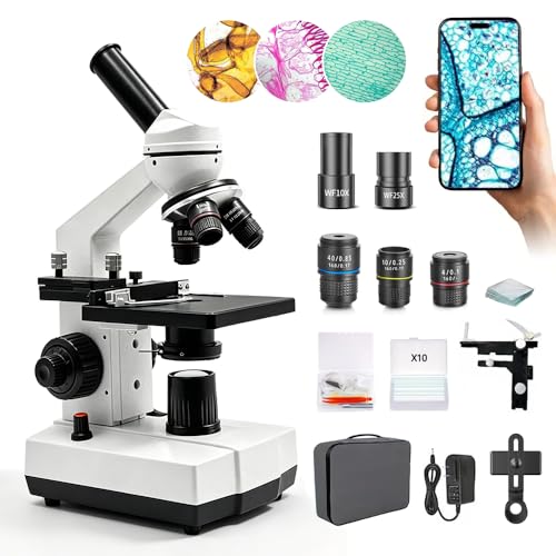 Microscope for Adults Kids Students, High-Power Biological Compound Microscope Kit, Metal-Body, with Movable Calipers, Abbe Condenser, for School Lab & Home Schooling, with Slides Set & Phone Adapter