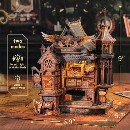 FUNPOLA LED 3D Wood Puzzle Owl Post Office, Dynamic Model with Mechanical Gears, DIY Miniature Kit with Music and LED Lights, Home Décor Gift for Adults
