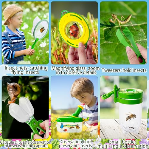 Bug Catcher Kit for Kids,8 Pcs Kids Bug Habitat with Bug Collector Butterfly Net Magnifying Glass Binoculars Tweezer Hats,Outdoor Explorer Kit for Boys Girls 3-12 Years Old