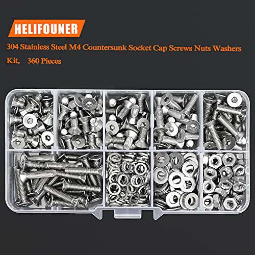 HELIFOUNER 360 Pieces M4 x 6mm /8mm /10mm /12mm /16mm /20mm, 304 Stainless Steel M4 Countersunk Socket Cap Screws Nuts Washers Kit - size: ['M4']