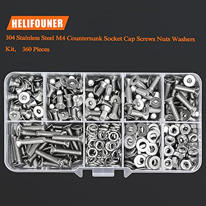 HELIFOUNER 360 Pieces M4 x 6mm /8mm /10mm /12mm /16mm /20mm, 304 Stainless Steel M4 Countersunk Socket Cap Screws Nuts Washers Kit - size: ['M4']