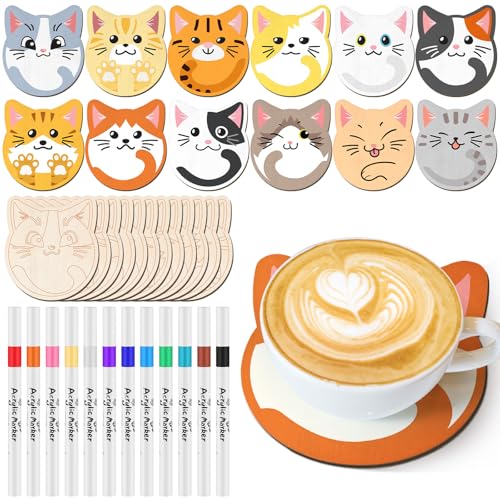 Patelai 24 Pcs Cat Coasters Craft Set Wooden DIY Coasters Painting Kit with Markers Unfinished Cat Slices Make Your Own Wood Ornament Gift for Adults Handmade Holiday Decor Supplies - style: Cat