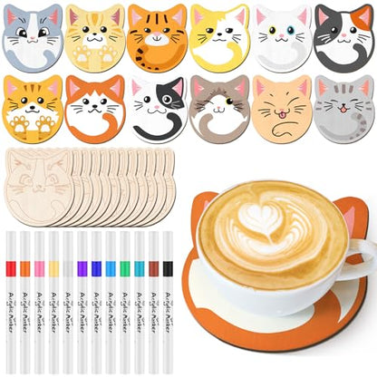 Patelai 24 Pcs Cat Coasters Craft Set Wooden DIY Coasters Painting Kit with Markers Unfinished Cat Slices Make Your Own Wood Ornament Gift for Adults Handmade Holiday Decor Supplies - style: Cat