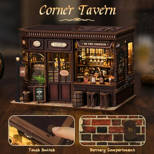 Book Nook Kit - DIY Miniature Dolls House Kit with Furniture and LED Light, 3D Puzzle Wooden Art Bookends, Model Kits for for Adults and Teens (Corner Tavern) - style: Corner Tavern
