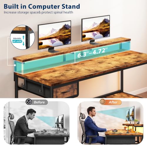 DurayLoly 55" Office Desk with Power Outlet & Fabric Drawer,Rustic Brown - color: Rustic Brown, size: 55 IN