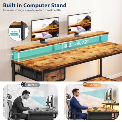 DurayLoly 55" Office Desk with Power Outlet & Fabric Drawer,Rustic Brown - color: Rustic Brown, size: 55 IN