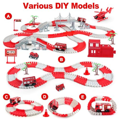 BEMITON Race Track Playset for Kids - Flexible DIY Car Track Toy, Educational Birthday Gift for Boys Ages 3 4 5 6 7, 330+ PCS Building Kit with Fire Trucks - color: Red Fire Station Race Track