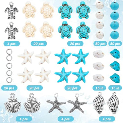 SUNNYCLUE 1 Box 217Pcs Turtle Beads Starfish Beads Boho Sea Turtle Starfish Shell Charm Bulk Summer Hawaii Ocean Charms Turquoise Loose Spacers for Jewelry Making Kits DIY Craft Supplies - color: Boho Styles Beads Kit-5