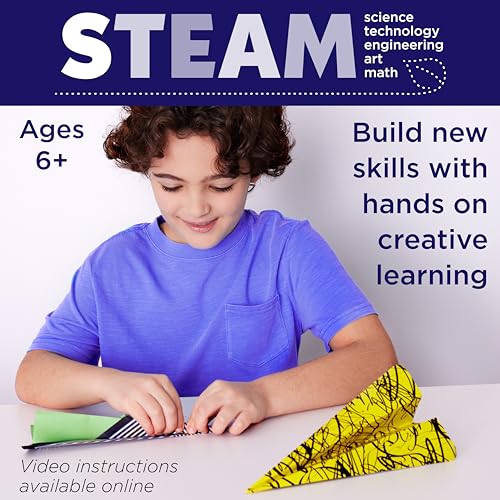 Creativity for Kids Paper Airplane Kit - Stunt Squadron Neon Glow, Makes 70 Paper Airplanes and 2 Plane Launchers, STEM Birthday or Summer Activities for Kids (Ages 6+)