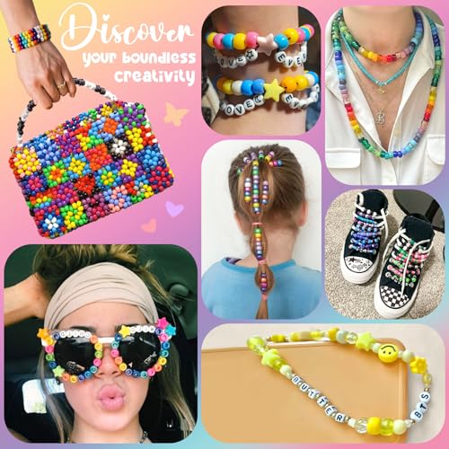 Gionlion 4200Pcs Pony Beads for Bracelet Making Kit, 48 Colors Kandi Beads Bracelet Kit, 2500PCS Rainbow Candy, 1700PCS Friendship Letter Bead with 20 Meter Elastic Strings - color: 48 Colors 4200PCS