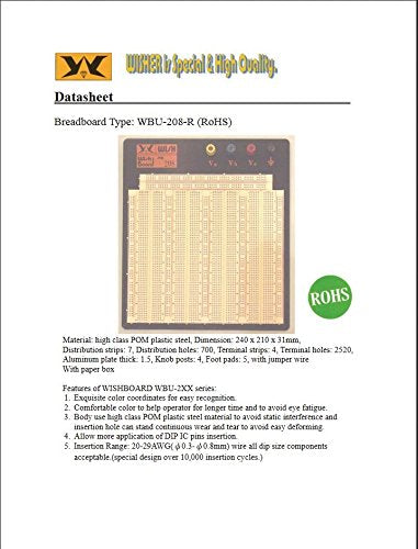 Jameco Valuepro 3220-Point Solderless Breadboard 7.3"L x 7.5"W, 0.1" Spread, Ideal for Prototyping and Classroom Projects - WBU-208-R
