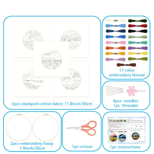 ACRNIGHEET 5 Pack Embroidery Kit for Beginners Adults, Stamped Cross Stitch Kits, Hand Embroidery Starter Kit Including 5 Stamped Embroidery Cloth, Colorful Threads, Hoop, Instruction, Gift Idea - style: Landscape Painting Patterns -5pcs