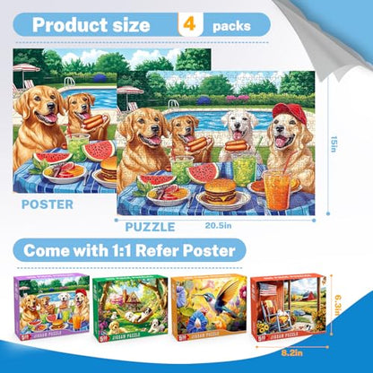 4 Packs 500 Piece Jigsaw Puzzles for Adults – Dog Puzzle, Puppy Garden, Hummingbird Flower Puzzle & Country Farm Landscape Adult Puzzles Set for Stress Relief, Family Activity, Gifts for Women Men - color: Dogs Garden Hummingbird Farm