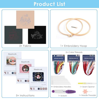 ERKOON 3 Sets Embroidery Kit for Beginners, Christmas Cross Stitch Set with Easy Pattern Embroidery Cloth Hoops Threads for Craft Lover Hand Stitch - color: 3pcs Christmas