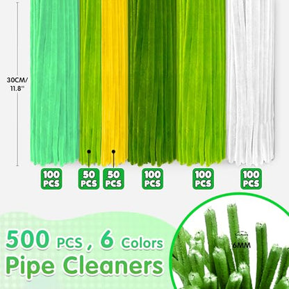 LINAYE 500 PCS Pipe Cleaners Craft, 6 Colors Pipe Cleaners Flowers Kit, Chenille Stems for Crafts with Instruction Wrapping Paper, Flower Stamens, Stems Art and Craft Supplies Green - color: Green