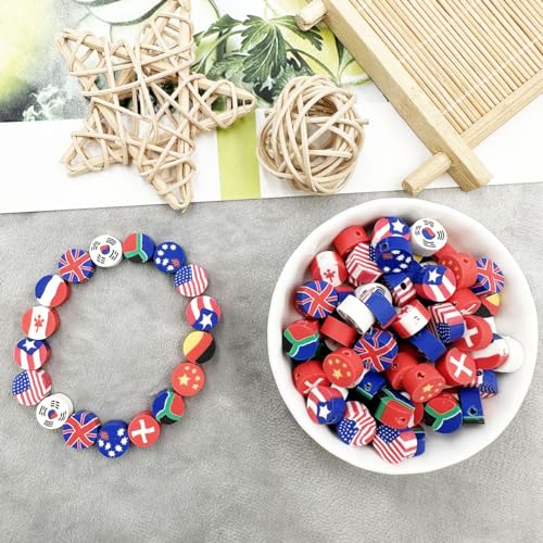 Flag Handmade Polymer Clay Beads, 100pcs Polymer Clay Spacer Beads for Women Jewelry Making DIY Charms Bracelet Necklace Hair Clip Accessories Handmade Craft - color: flag