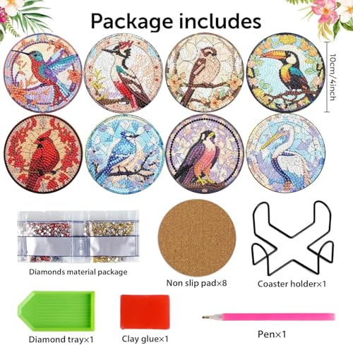 Diamond Art Coasters Kit, 8 Pieces Birds Diamond Painting Coasters Kit - color: Birds