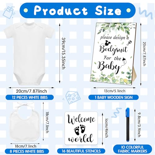 Chuarry 43 Pcs DIY Baby Bibs Decorating Kit 8 Bodysuits 8 Pcs 2 Ply White Bibs 10 Fabric Markers 16 Stencils Baby Shower Sign (Greenery) - style: Greenery