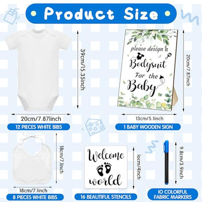 Chuarry 43 Pcs DIY Baby Bibs Decorating Kit 8 Bodysuits 8 Pcs 2 Ply White Bibs 10 Fabric Markers 16 Stencils Baby Shower Sign (Greenery) - style: Greenery