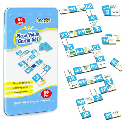 Kasfalci Place Value Dominoes Set Flash Cards, Back to School Supplies, 50 PCS Math Learning Games for Kids, Montessori Counting Toys, Preschool Kindergarten Classroom Must Haves - color: Light Blue