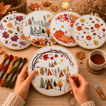 Kuabiz 5 Sets Fall Embroidery Kits for Beginners Autumn Maple Leaves Cross Stitch Kit for Adults Thanksgiving Pumpkins Embroidery Starter Kit Hoop Needlepoint Kits with Instruction Needles Threads - style: Fall Leaves