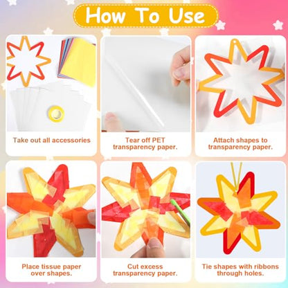 Qyeahkj 36 Set Summer Star Suncatchers Crafts for DIY Star Window Tissue Paper Craft Kit Art Ornament Hanging Decor for Home Activity Art Project Birthday Party Favors Gifts - style: Star